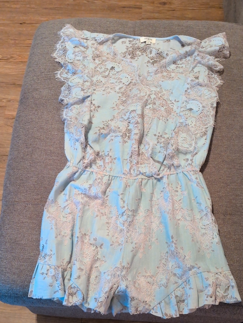 Umgee Light Blue Romper with Cream Lace Detail